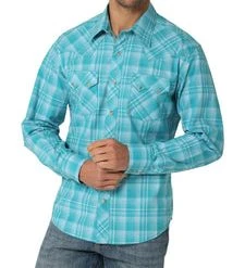 'Wrangler' Men's Retro Plaid Classic Fit Snap Front - Teal