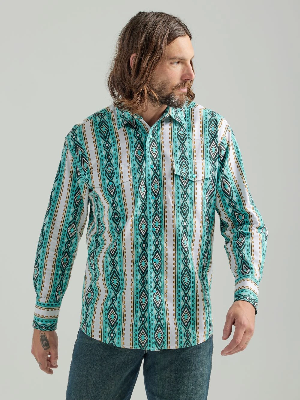 'Wrangler' Men's Checotah Printed Snap Front - Turquoise