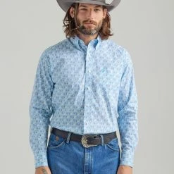 Wrangler 'George Strait' Men's Relaxed Fit Print Button Down - Blue