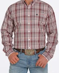 'Cinch' Men's Plaid Long Sleeve Button Down - White / Red