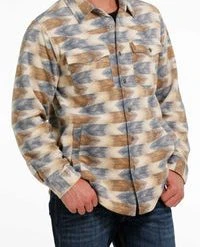 'Cinch' Men's Aztec Print Polar Fleece Shirt Jacket - Cream